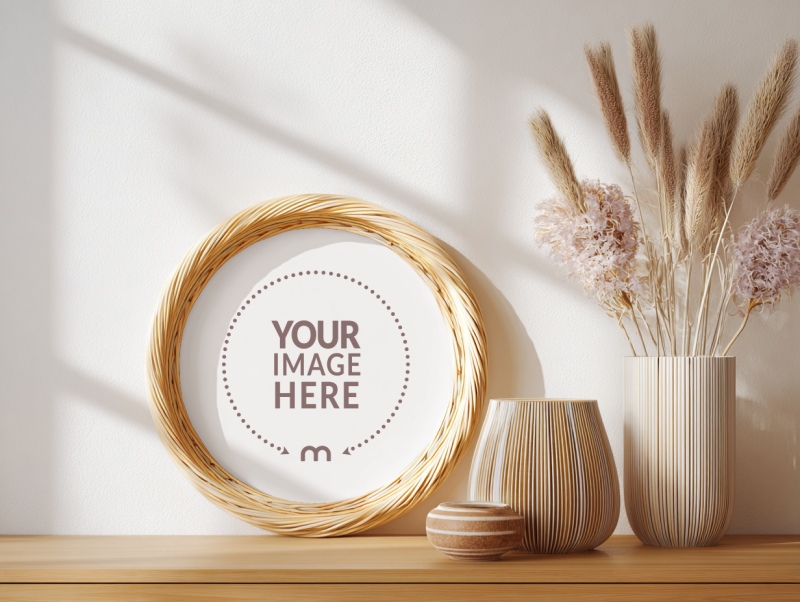 Round Rattan Frame Mockup for Botanical Art Display preview image