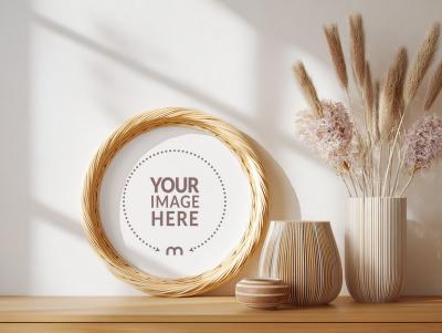 Round Rattan Frame Mockup for Botanical Art Display