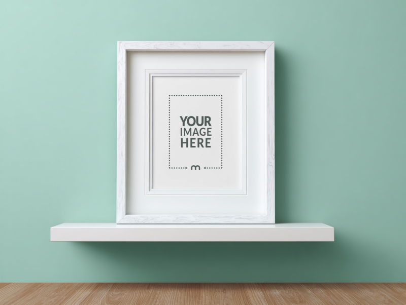 White Frame Mockup on Shelf Against Light Green Wall preview image