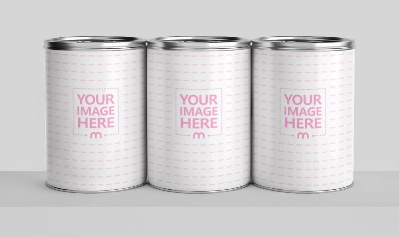 Multiple Tin Can Mockup on Shelves for Retail Display Concepts preview image