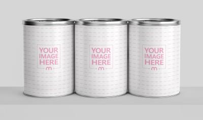 Multiple Tin Can Mockup on Shelves for Retail Display Concepts