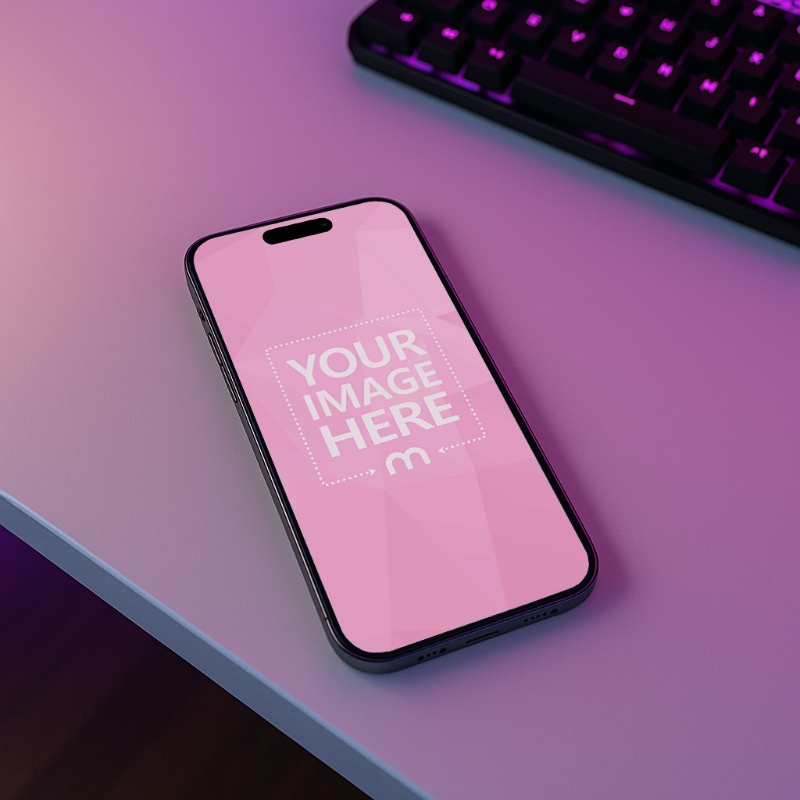 iPhone Mockup on Table with RGB Lighting for Gaming UI preview image