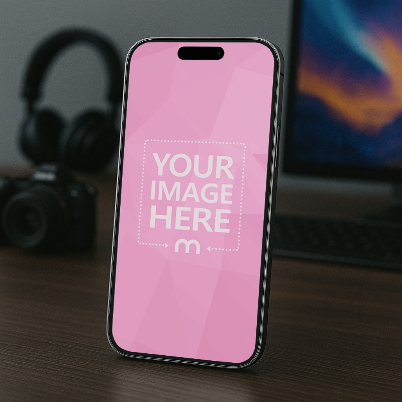 iPhone 16 Mockup on Wooden Table for Camera App Preview preview image
