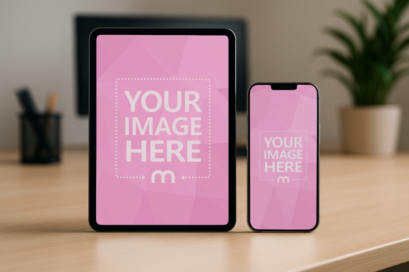 iPhone and iPad Mockup Side by Side on Wooden Table preview image