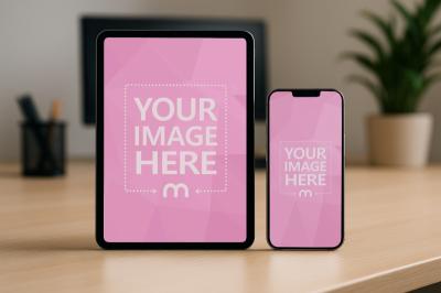 iPhone and iPad Mockup Side by Side on Wooden Table