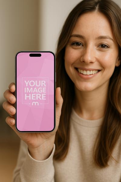 iPhone Mockup in Hand of Smiling Woman for Lifestyle Ads