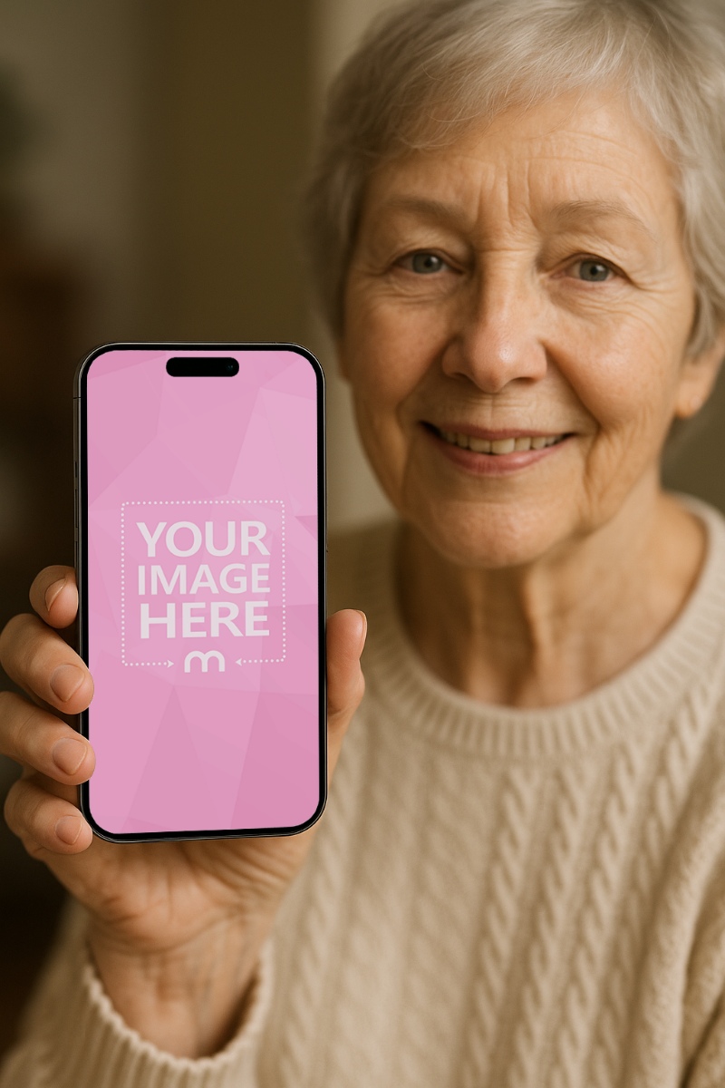 iPhone Mockup in Hand of Elderly Woman for Wellness Apps preview image