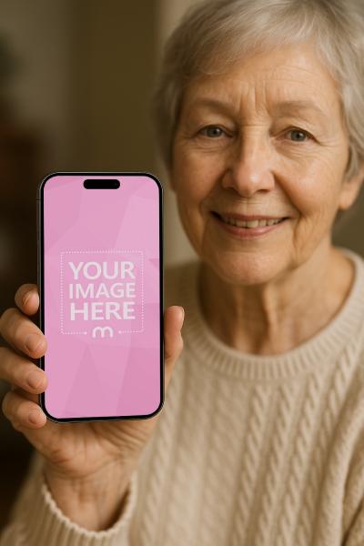 iPhone Mockup in Hand of Elderly Woman for Wellness Apps