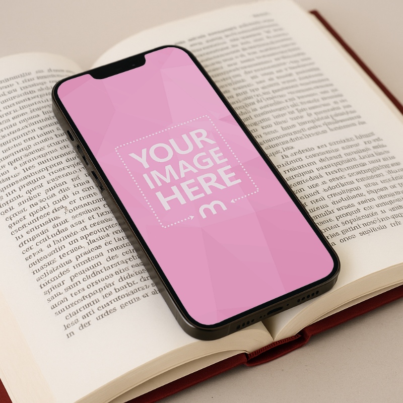 iPhone Mockup Between Open Book for Creative Displays preview image