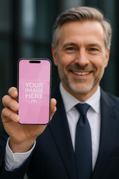 iPhone Mockup in Hand of Businessman in Suit for Corporate Ads
