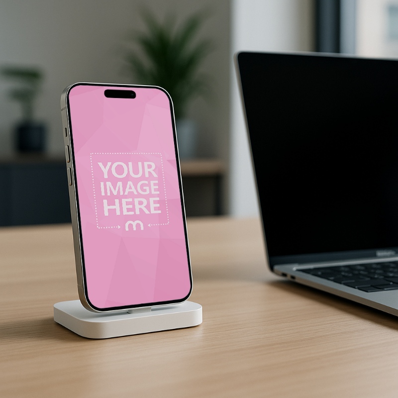 iPhone Mockup on Wooden Table for Minimalist Ad Showcase preview image