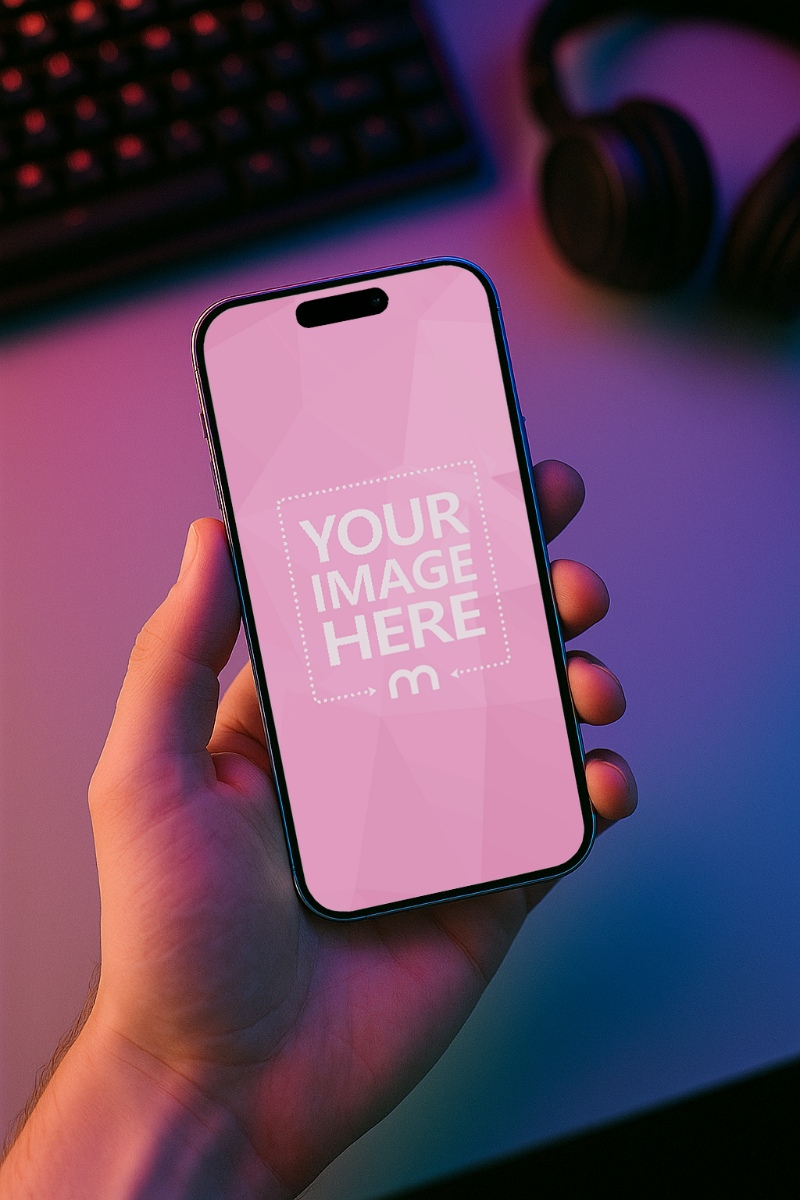 iPhone Mockup in Hand with RGB Background for Tech Ads preview image