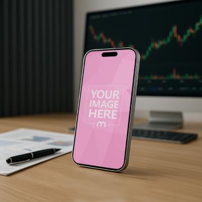 iPhone Mockup on Table with Stock Market Background