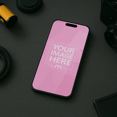 iPhone Mockup Top View in Dark Camera-Themed Background