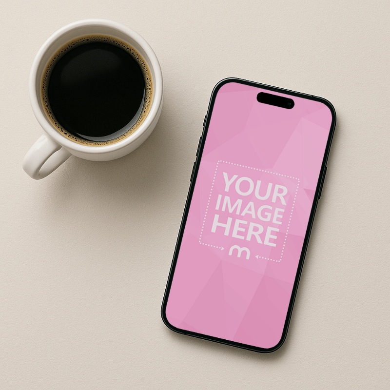 iPhone Mockup Top View with Coffee Cup for Work Scenes preview image