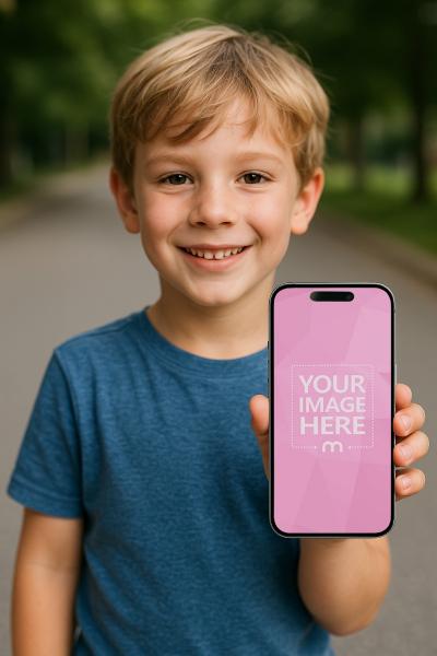 iPhone Mockup Shown by Smiling Child for Family Apps