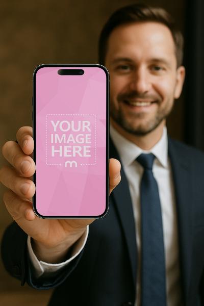 iPhone Mockup Shown by Businessman for Corporate Ads