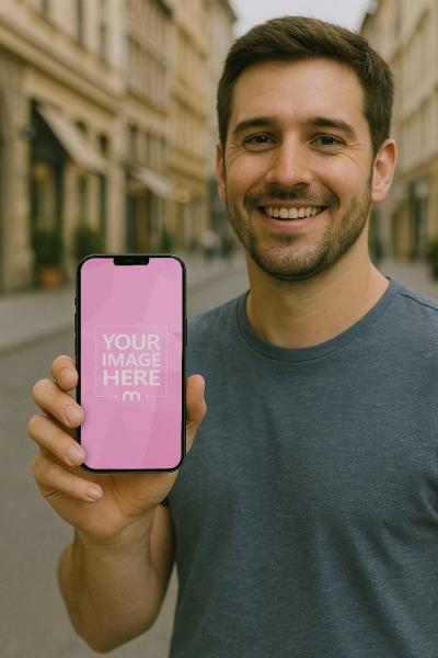 iPhone Mockup in Hand on Street Background for Outdoor Ads