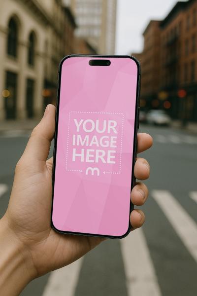 iPhone Mockup in Hand on Street for Outdoor Promotions