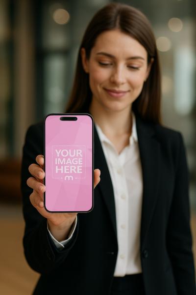 iPhone Mockup in the Hand of Businesswoman for Corporate Ads