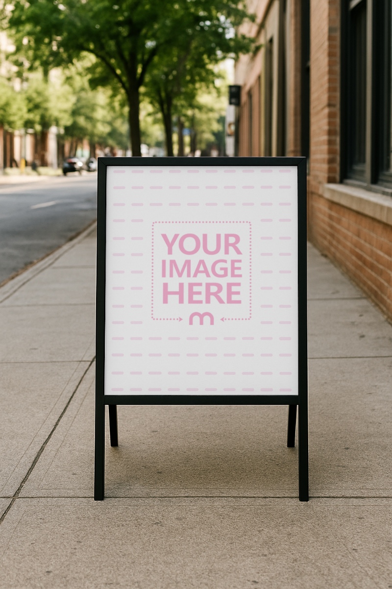 Outdoor Easel Mockup with Green Street Background for Menu Display preview image