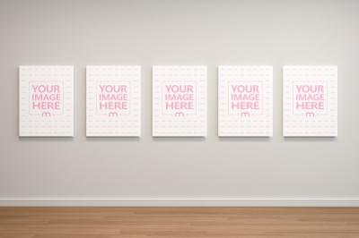 Five-Panel Canvas Wall Art Mockup in Modern Art Gallary