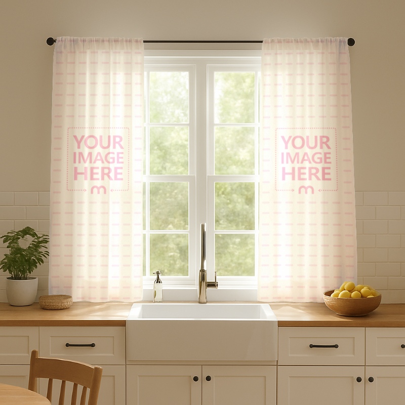 Kitchen Curtains Mockup with Cabinets and Countertop Scene preview image