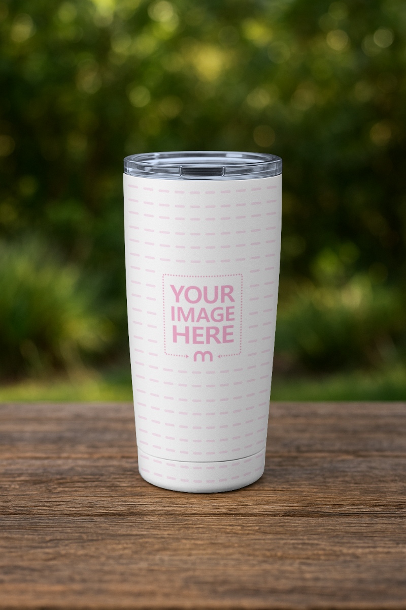 Tumbler Mockup on Outdoor Wooden Table with Plants Bokeh preview image