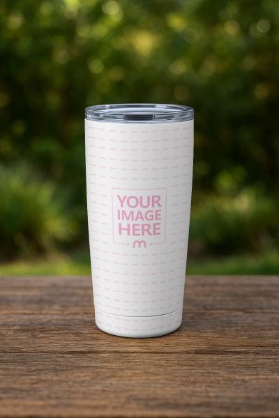 Tumbler Mockup on Outdoor Wooden Table with Plants Bokeh