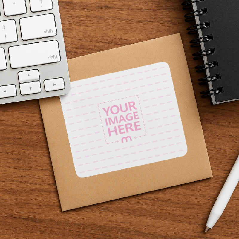 Mail Sticker Mockup on Cardboard Mail with Notebook and Pen preview image