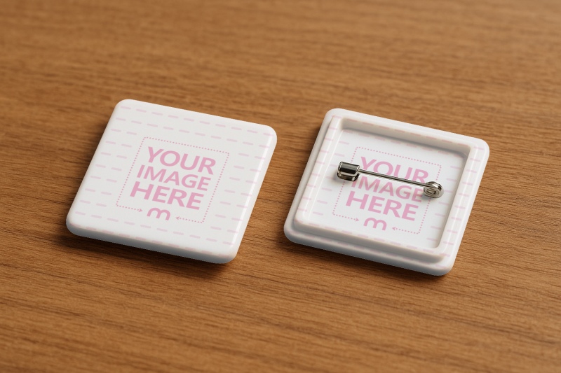Pin Button Mockup Front and Back on Wooden Background preview image