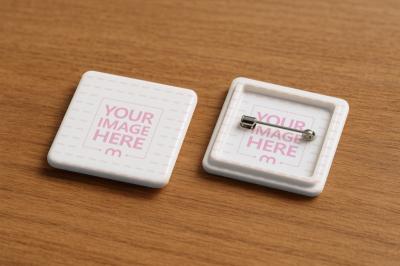 Pin Button Mockup Front and Back on Wooden Background