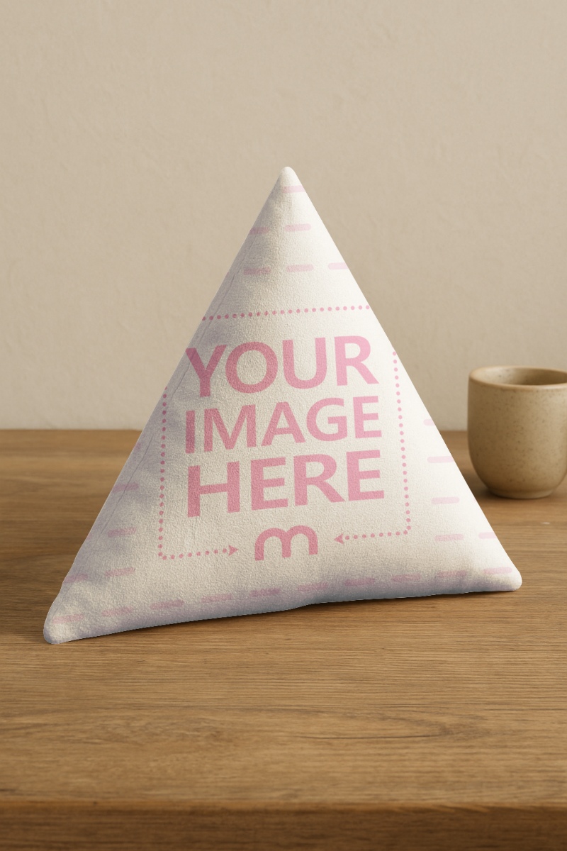 Triangle Sofa Pillow Mockup on Wooden Table with Coffee Cup preview image