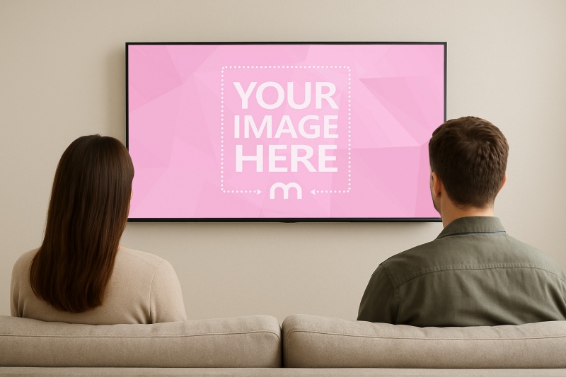 Rectangle TV Screen Mockup on Wall with Couple Watching preview image
