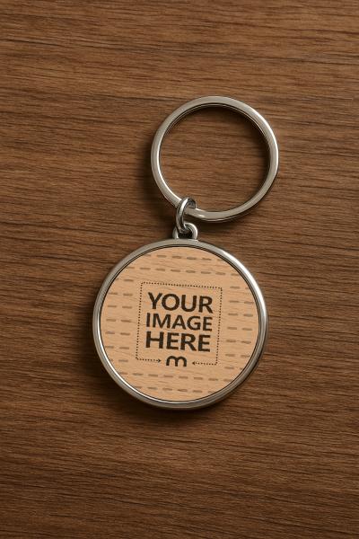 Wooden Keychain Mockup with Stainless Frame on Wooden Surface
