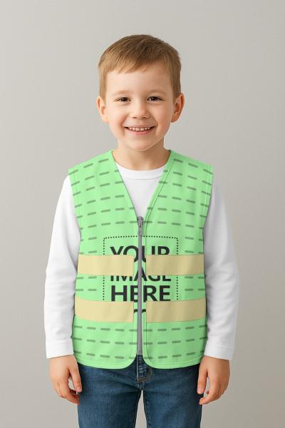 Kid Vest Mockup Worn by Smiling Boy Model in Studio