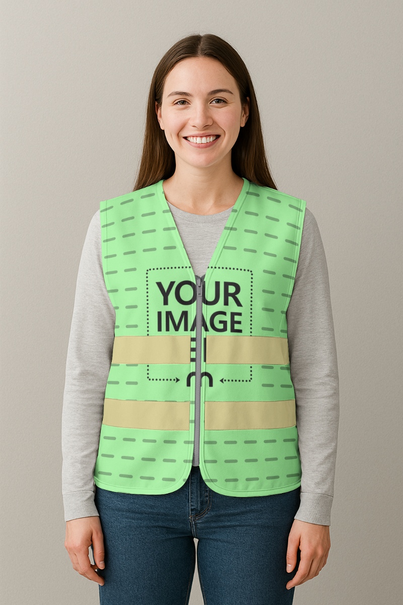 Women’s Vest Mockup Worn by Smiling Female Model in Studio preview image