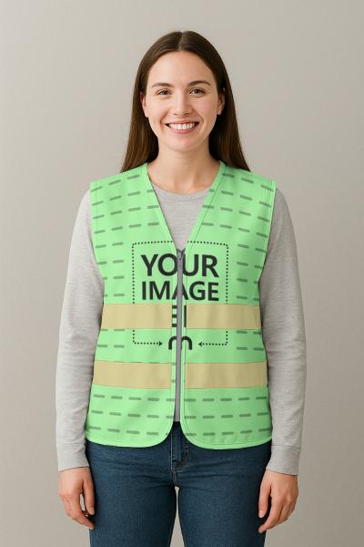Women’s Vest Mockup Worn by Smiling Female Model in Studio