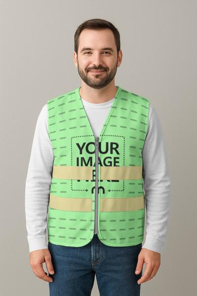 Men’s Vest Mockup Worn by Bearded Male Model in Studio