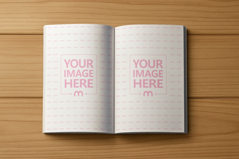 Opened Book Mockup on Wooden Table for Page Design Display preview image