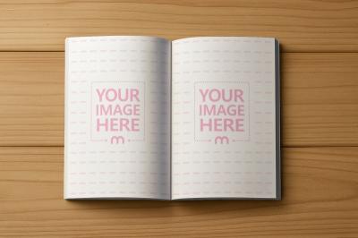 Opened Book Mockup on Wooden Table for Page Design Display