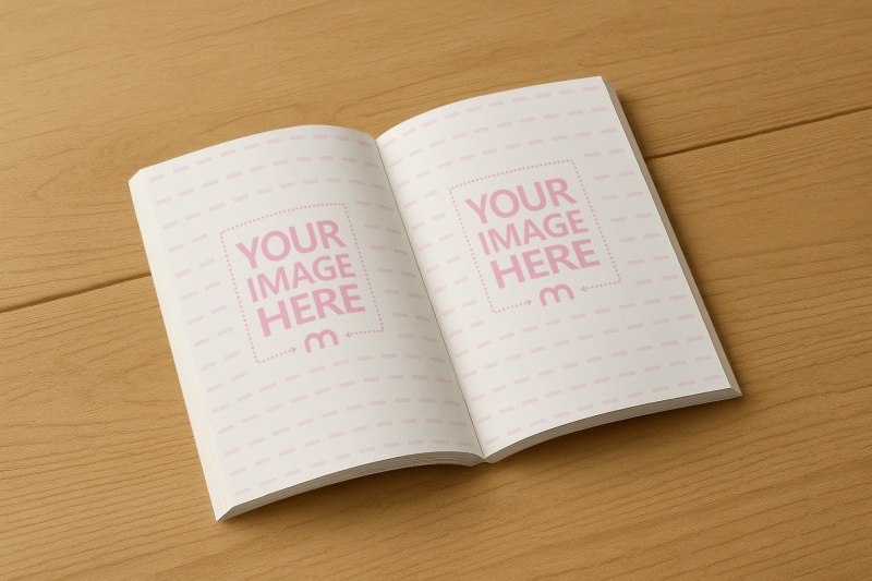Opened Book Side View Mockup on Wooden Table Scene preview image