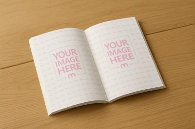 Opened Book Side View Mockup on Wooden Table Scene