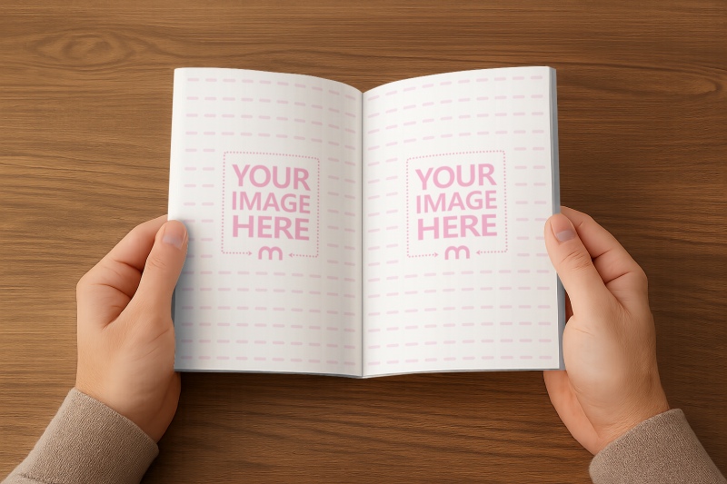Opened Book Mockup with Hand Holding in Wooden Interior Scene preview image