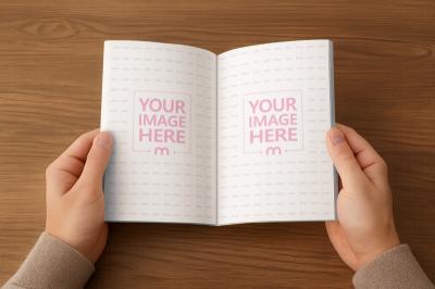 Opened Book Mockup with Hand Holding in Wooden Interior Scene