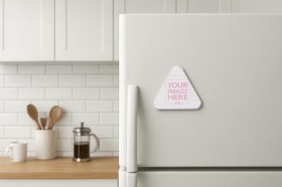 Triangle Magnetic Sticker Mockup on Fridge with Kitchen Items