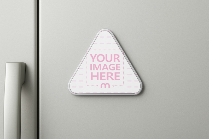 Triangle Magnetic Sticker Mockup on Refridgrerator Close-Up View preview image