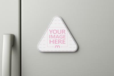 Triangle Magnetic Sticker Mockup on Refridgrerator Close-Up View