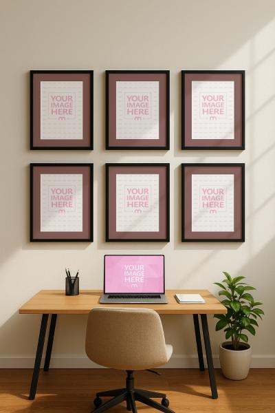Six Canvas Wall Art Mockup with Desk Plant and Laptop Scene