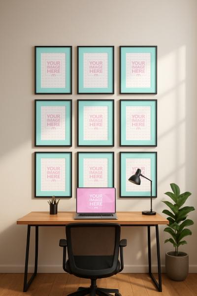 Nine Canvas Wall Art Mockup in Living Room with Desk and Plant